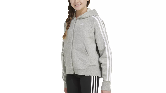 Adidas Zip Front Essential Hooded Fleece Jacket Grey Heather