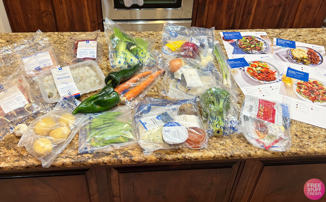 Blue Apron Meal Preparation Ingredients on a Kitchen Countertop