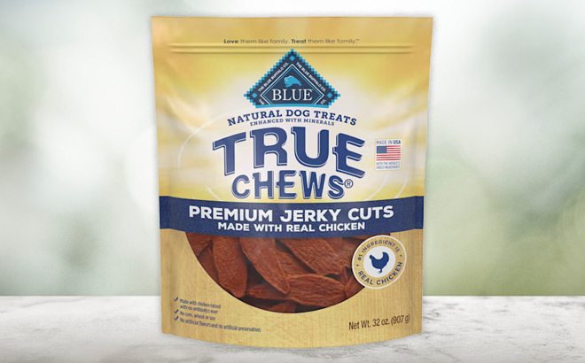 Blue Buffalo True Chews Premium Jerky Cuts Treats on the Table