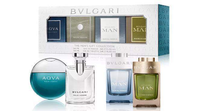 Bvlgari Mens 4 Piece Fragrance Travel Gift Set on White Background