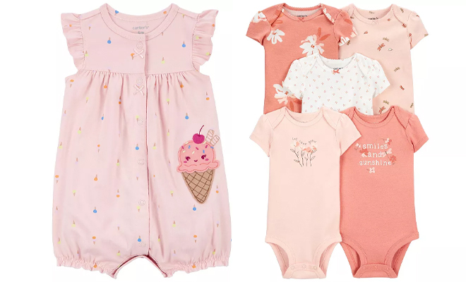Carters Baby Girls Ice Cream Snap Up Romper and 5 Pack Smiles Sunshine Short Sleeve Bodysuits