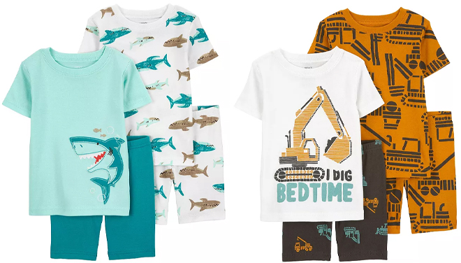 Carters Baby Toddler Boys 4 Piece Shark Print Shirts Shorts Pajama Set and Construction Print Shirts Shorts Pajama Set