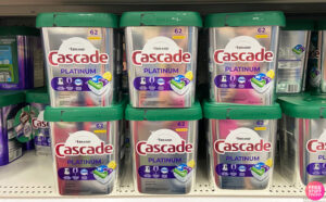 Cascade Platinum 62 Count Dishwasher Pods on a Shelf