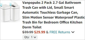 Checkout page of Motion Sensor Trash Can 2 Pack