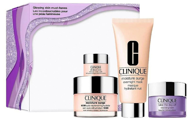 Clinique Glowing Skin Must Haves Skincare Set on a Plain Background