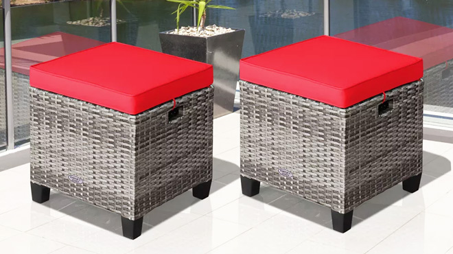 Costway 2PCS Patio Rattan Cushioned Ottoman Seat Foot Rest Table Red