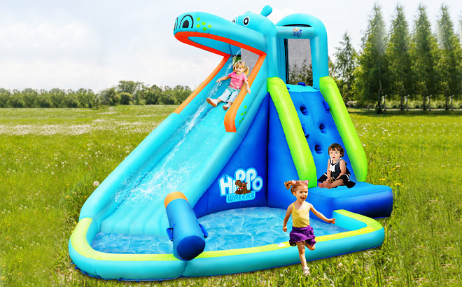 Costway Inflatable Kids Hippo Bounce House Slide Climbing Wall Splash Pool