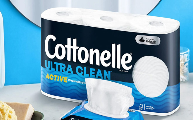 Cottonelle Ultra Clean Toilet Paper 24 Family Mega Rolls on a Table