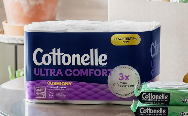 Cottonelle Ultra Comfort 24 Family Mega Rolls Pack on a Table