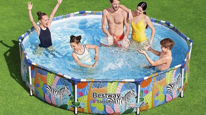 Family playing in Bestway Steel Pro 10 Foot Above Ground Pool