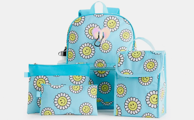 Fashion Smiley Sunflower Print Backpack 6 Piece Set