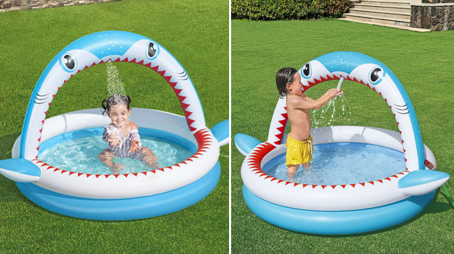 H2OGO Sharktastic Kids Inflatable Sprinkler Play Pool