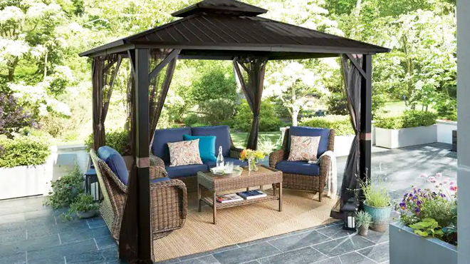 Hampton Bay Holden Outdoor Patio Black Hard Top Galvanized Steel Gazebo