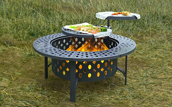 Hayler Wood Burning Outdoor Fire Pit Table with Lid on the Ground