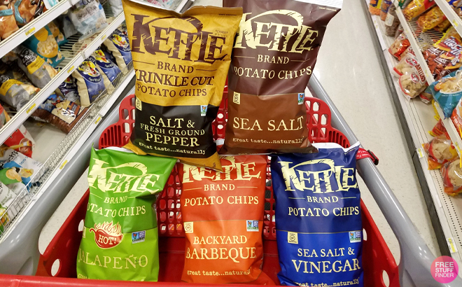 Kettle Brand Potato Chips in Various Flavors on a Cart