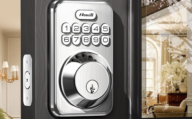 Keyless Entry Satin Nickel Door Lock on a Door