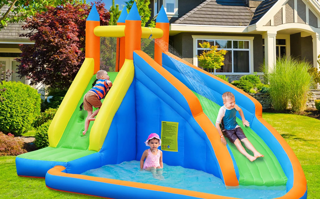 Kids Playing in the Costway Inflatable Water Slide Bounce House Castle