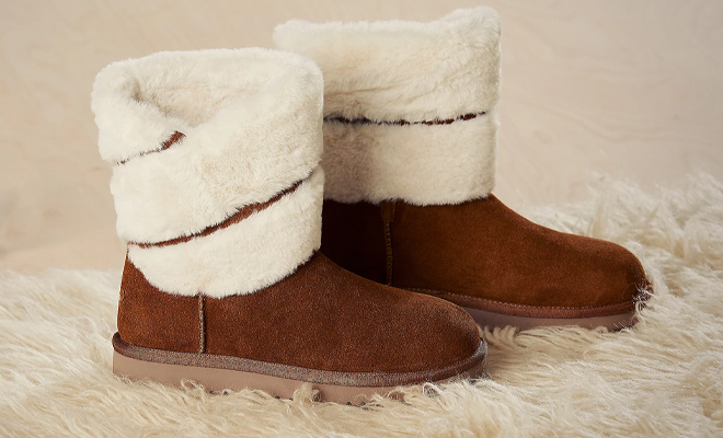 Koolaburra by UGG Suede Faux Fur Short Boots in the Color Brown