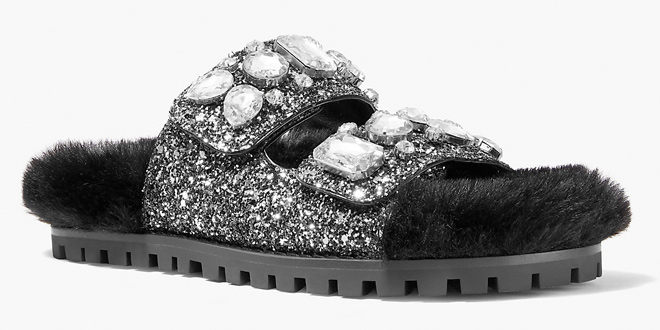 MICHAEL KORS Stark Embellished Glitter and Faux Fur Slide Sandal