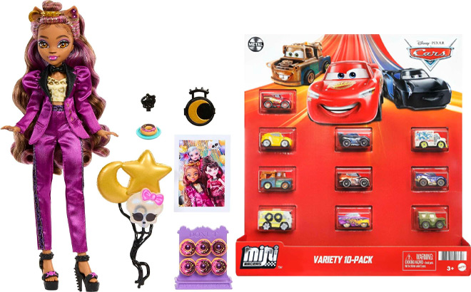 Monster High Doll and Mattel Disney and Pixar Cars Mini Racers Set of 10 Mini Toy Cars