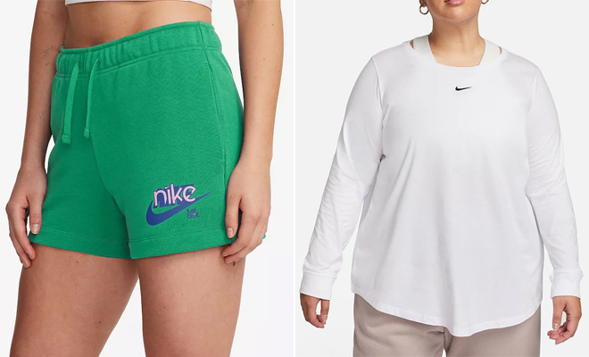 Nike Womens Sportswear Club Fleece Graphic Shorts and Plus Size Nike Premium Essentials Relaxed Fit Long Sleeve Tee