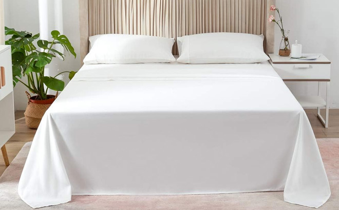 Py Home Sports Queen Sheet Set on the Bed in White Color