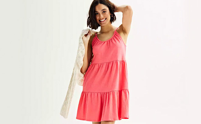 SO Womens Braided Strap Tiered Mini Dress