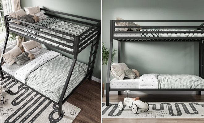 Sha Cerlin Black Twin over Full Size Metal Bunk Bed with Removable Durable Stairs