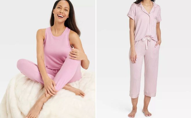 Starts Above Womens Tank Top and Pants Pajama Set and Womens Beautifully Soft Short Sleeve Notch Collar Top and Pants Pajama Set