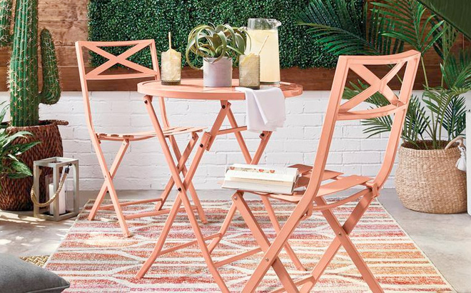 StyleWell Mix and Match 3 Piece Folding Steel Slat Outdoor Bistro Set in Peony