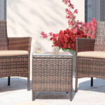 Tozey Brown 3 Pieces Patio Furniture PE Rattan Outdoor Conversation Set wTable Backyard Garden Set with Beige Cushion