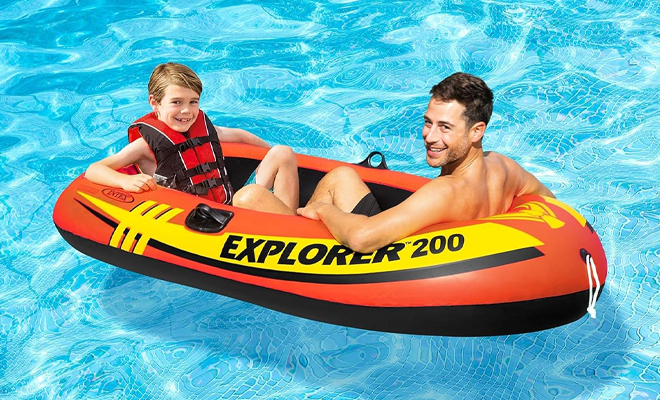 Two People Sitting in the Intex Explorer Inflatable Boat in a Pool