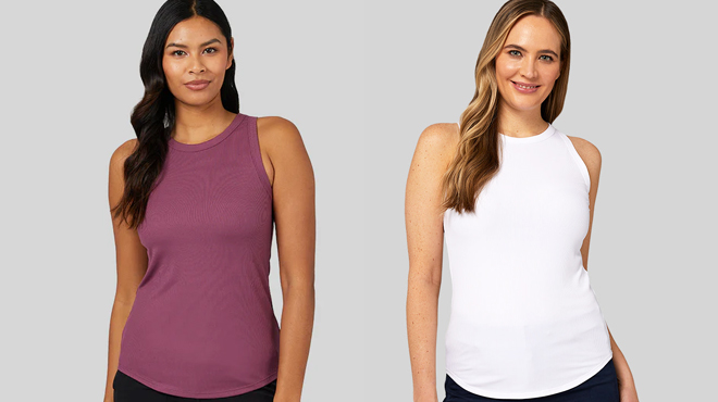 Two People Wearing 32 Degrees Soft Rib High Neck Tanks