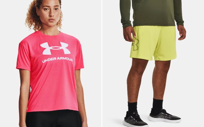 Under Armour Womens Tech GF Short Sleeve and Mens Tech Graphic Shorts