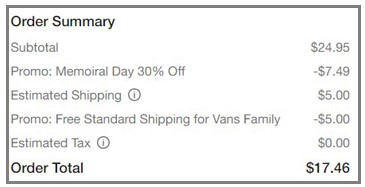 VANS Shoes Order Summary