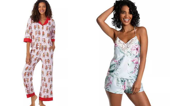 Womens Beauty Sleep Social Billie Notch Collar Top Pajama Pants Sleep Set