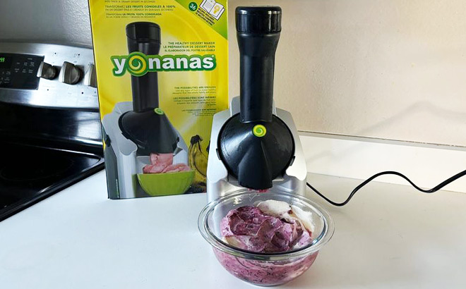 Yonanas Frozen Treat Maker next to a Dessert on a Kitchen Countertop