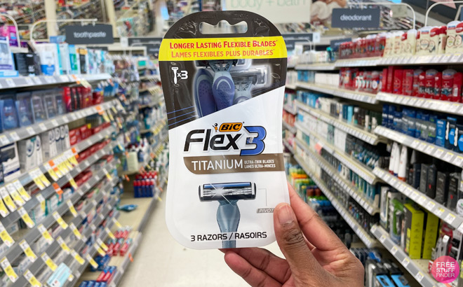 a Person Holding BIC Mens Flex 3 Disposable Razors 3 Pack