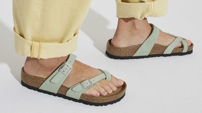 a Person Wearing Birkenstock Mayari Nubuck Leather Toe Loop Sandals