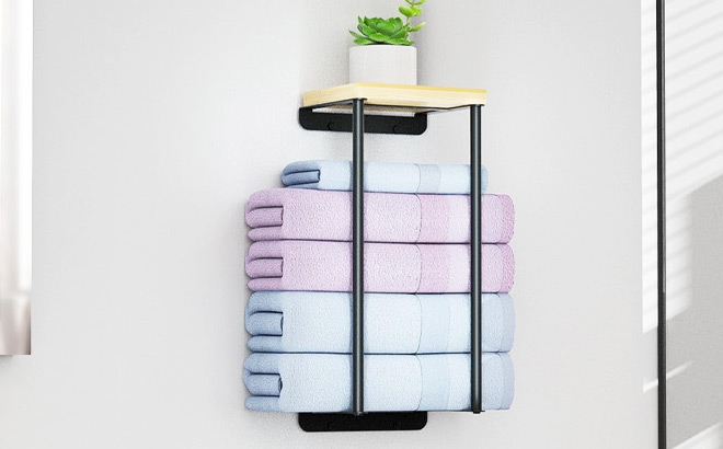 1 Tier Wall Towel Holder with Wood Shelf