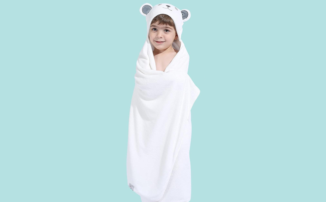 A Boy Wearing Hiphop Panda Hooded Towel with Bear