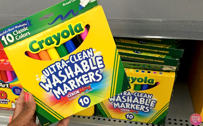 A Hand holding Crayola Ultra Clean Washable Broad Line Markers 10 Ct