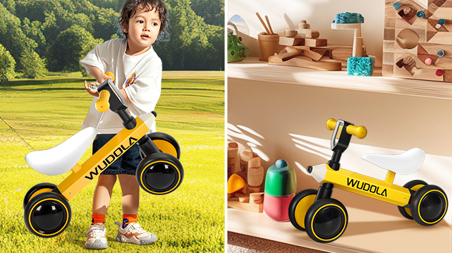 A Kid Carrying Baby Walker Balance Bike in Yellow Color