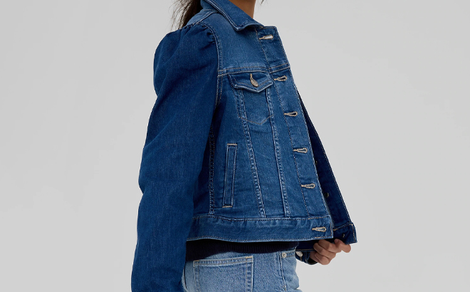A Kid Wearing the GAP Factory Puff Sleeve Icon Denim Jacket