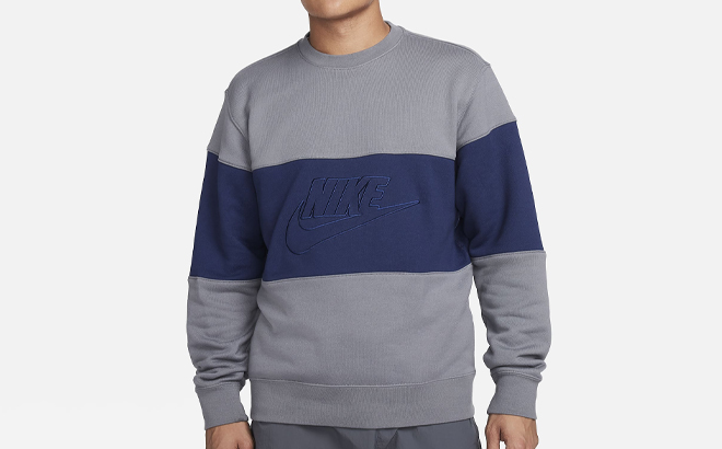 A Man Wearing Nike French Terry Color Blocked Crew