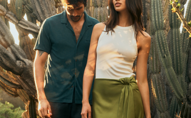 A Man and Woman Wearing Banana Republic Clothing and Posing infront of a Cactus