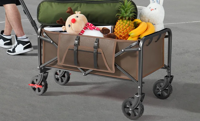 A Person Pulling the Collapsible Mini Camping Wagon in Brown