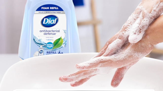 A Person Washing Hands with Dial Antibacterial Foaming Hand Soap
