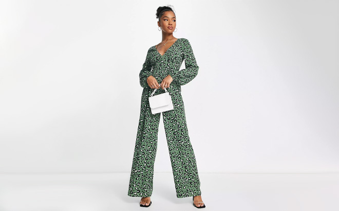 A Person Wearing Asos Long Sleeve Jumpsuit in Leopard Print