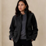 A Person Wearing Banana Republic Brushed Short Jacket in Dark Charcoal Color